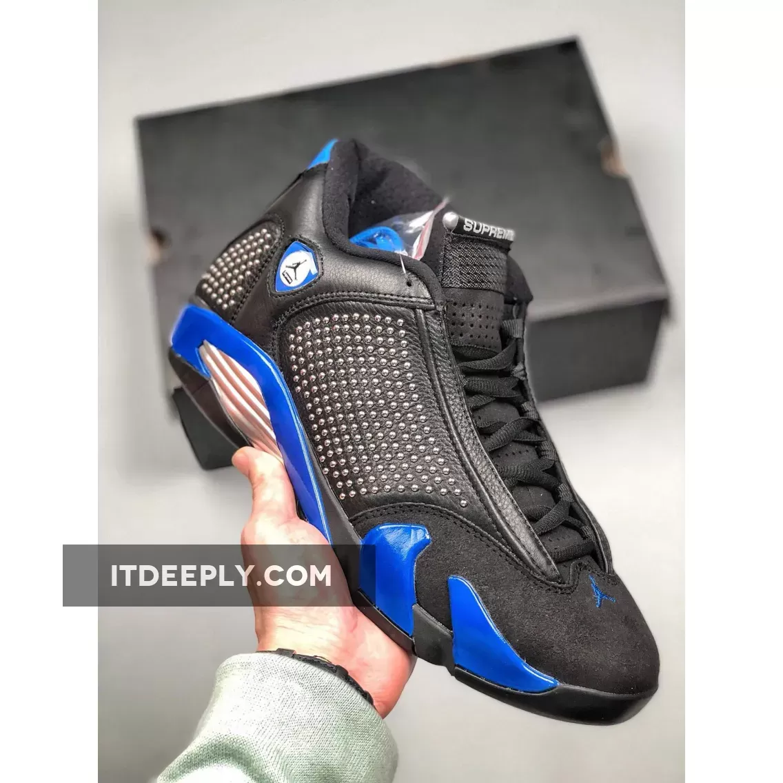 Supreme x Air Jordan 14 Retro Black/Chrome/Varsity Royal jordan 14 royal blue